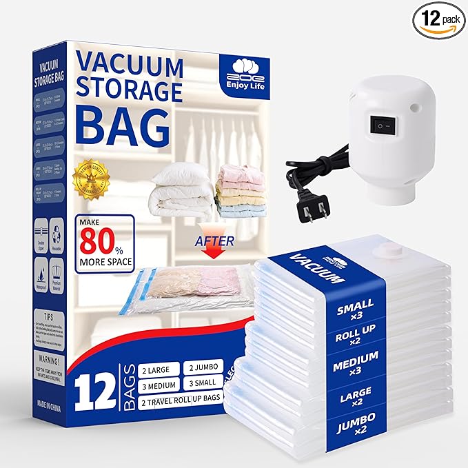 ZoeEnjoyLife Vacuum Storage Bags for Clothing Travel,12 Pack Vacuum Bags with Pump,Space Saver Bag for Clothes Travel & Home(2 Roll Up Bags,3 Small,3 Medium,2 Large,2 Jumbo)