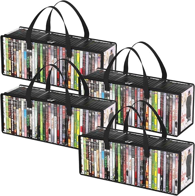 Lifewit DVD Storage Bags, Clear PVC DVD Case Holder with Handles, Front Window Zipper Design, Stackable Media Organizer for Blu Ray Disc, Movie Cases, VHS Box, Hold 140 Pcs DVDs (35 Each), 4 Pack