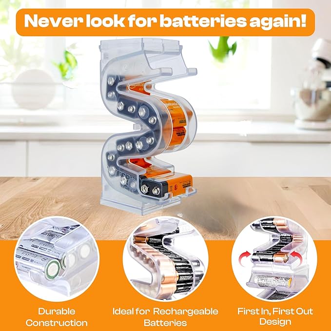 Battery Ladder Organizer Case for 9V Batteries - Stackable or Mounted Vertical Storage Battery Dispenser for Home, Garage, & Workshop (1-Pack, Holds 10 9V Batteries)