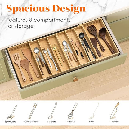 Kathfly Extra Large Drawer Organizer Kitchen Utensils Expandable 21.4 to 36 Inches Wid, Adjustable Bamboo Silverware Tray Cutlery Utensile Flatware Organizer Holder Drawer Divider for Spoons and Forks
