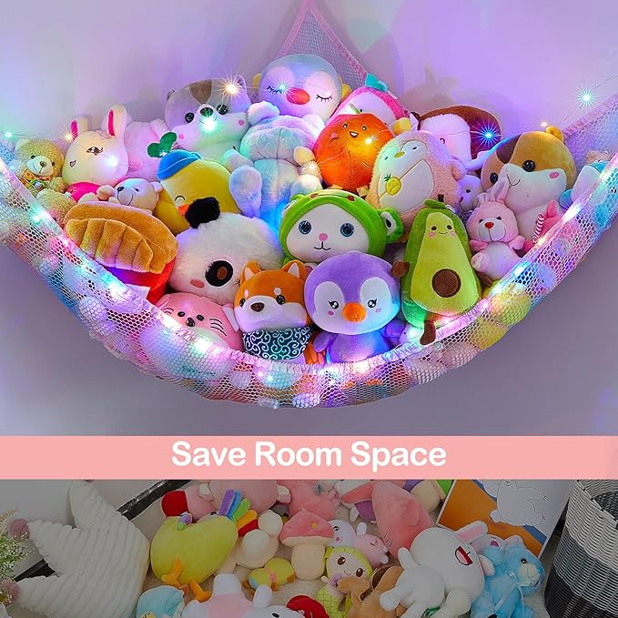 Unicorn Castle Stuffed Animals Net or Hammock Kids Toy Storage Organizer with LED Light Hanging Corner Stuffed Animals Holder Kids Girls Room Decor,Blue-Purple,Large (Pack of 2)