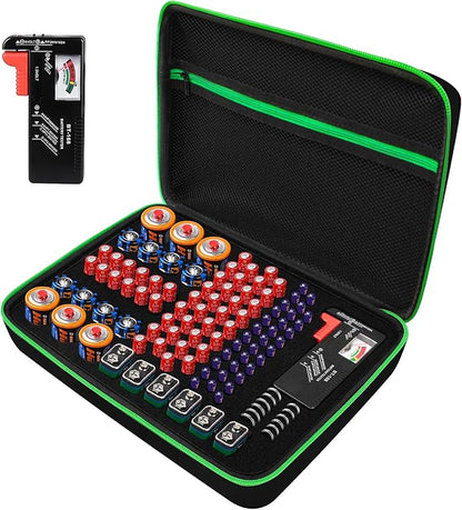 Battery Organizer Storage Case with Tester for AA AAA C D 9V Battery Holder 7 Batteries Variety Pack 111 Batteries Mesh Bag (Batteries Not Included) (black-green)
