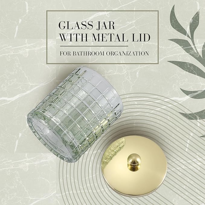 Indecor Home Sage Colored Tranlucent Apothecary Etched Geometric Grid Glass Jar W/Gold Metal Lid Cover for Bathroom Organization, Cotton Balls, Q Tips, and Small Accessories, Bathroom Storage