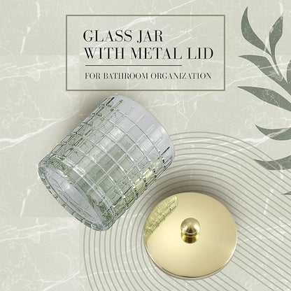 Indecor Home Sage Colored Tranlucent Apothecary Etched Geometric Grid Glass Jar W/Gold Metal Lid Cover for Bathroom Organization, Cotton Balls, Q Tips, and Small Accessories, Bathroom Storage