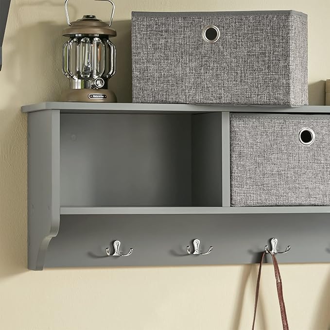 SoBuy Wall Shelf with Hooks, Coat Rack Wall Mount with Shelf Entrywall Storage Cabinet Unit with 3 Baskets 5 Hooks, Grey, FRG282-HG