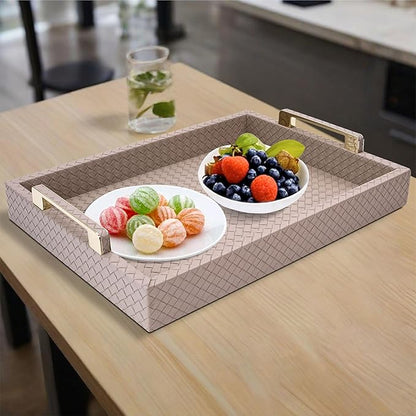Decorative Serving Tray for Coffee Table, 16"x12" Large Rectangular Ottoman Tray with Gold Handles Faux Leather Serving Trays for Home Decor Living Room, Kitchen and Bedroom -Tan