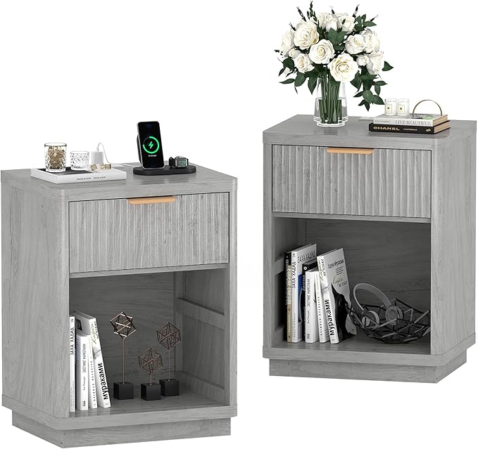 Fluted Farmhouse Night Stand Set of 2, Fluted Nightstand with Charging Station, FlutedNightstand Bedroom with Drawers, Modern Mid Century Bedside Table w/Metal Handle