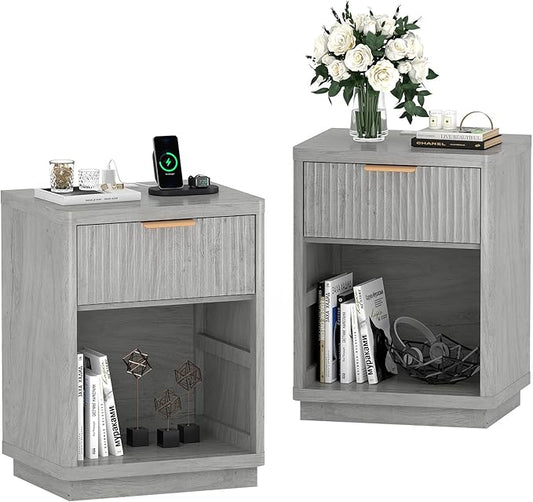 Fluted Farmhouse Night Stand Set of 2, Fluted Nightstand with Charging Station, FlutedNightstand Bedroom with Drawers, Modern Mid Century Bedside Table w/Metal Handle