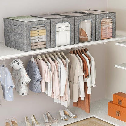 GoMaihe Clothes Storage Bin with Metal Frame: 4-Pack Stackable Closet Storage Bin with Lid & Clear Window, Sweater Boxes Storage for Closet Clothing Bedding Storage Organizer 40L