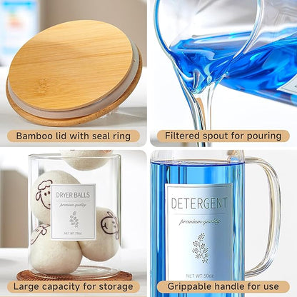 Glass Laundry Detergent Dispenser Set - 2x50oz & 2x70oz Borosilicate Containers with Bamboo Lids, Handle& Labels, Stores Powder,laundry pods,Fabric Softener, for Laundry Room organization and Decor