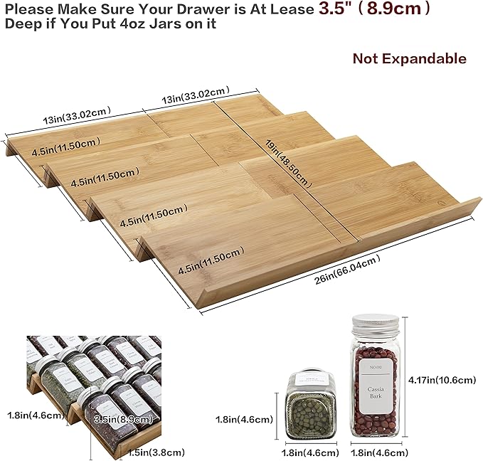 Angimio Bamboo Spice Rack Drawer Organizer - 8-Piece Set - 13" Wide Per Piece - Combine Into 26" Wide Rack