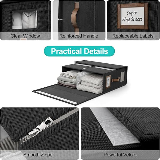 4 Pack Foldable Bed Sheets Set Organizers and Storage(Super King Size),Linen Fabric Closet Organizers with Window,Folding Bedding Storage Box for Bedsheets and Pillow Cube Organizer-Black