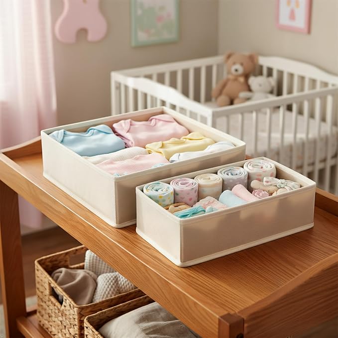 Drawer Organizer 2 Pack - Foldable Storage Bins for Underwear, Socks & Bras - Khaki Fabric Closet Dividers