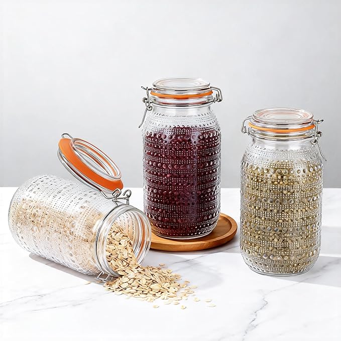 64 Oz Glass Mason Jars with Airtight Lids3 Pack, Wide Mouth Canning Jars with Clip Top Lids for Kitchen Storage Pickling Salad Jams Coffee Beans