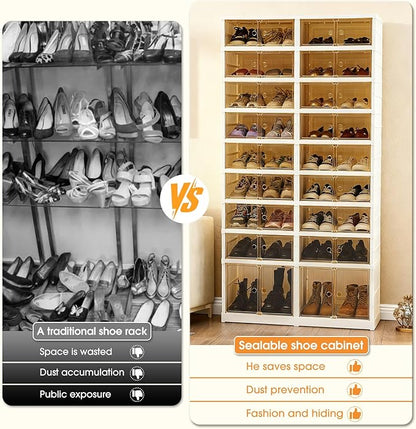 LAFORMO Folding Shoe Rack Storage Device,Large Plastic Folding Shoe Cabinet, Easy to Assemble Shoe Rack Storage Cabinet with Transparent Door Magnetic Buckle(9Tiers,36Pairs)