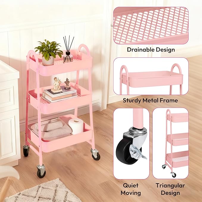 Utility Cart on Wheels, Metal Rolling Storage Cart Three Tier Small Cart with Lockable Wheels, Heavy Duty Kitchen Storage Cart with Handle, for Office, Living Room, Bathroom (Pink)