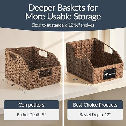 Best Choice Products Natural Hyacinth Angled Pantry Storage Baskets, Woven Wicker Storage Bins w/Handles, Storage Container Baskets for Shelves, Chalkboard Label & Marker (Pack of 2) - Chestnut