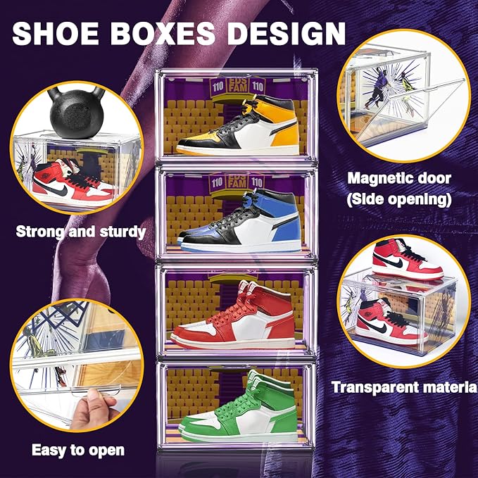 DAYOOH 10 Pack Acrylic Shoe Box Size 14, Transparent Basketball Sneaker Case Shoe Orgainizer Storage Bins Clear Plastic Stackable Handbag Purse Hats Organizer Containers with Lids