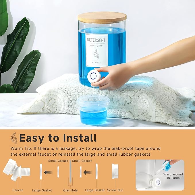 1 Glass Laundry Detergent Dispenser with Bamboo Lid - 120 Oz Liquid Detergent, Laundry Soap & Fabric Softener Dispenser for Laundry Room Organization and Storage with 1 Cups & 4 Labels