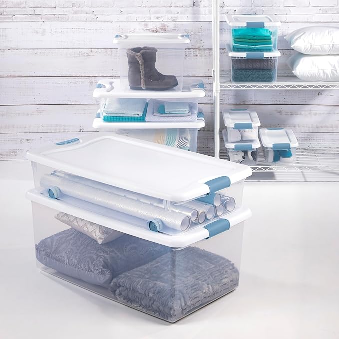 Sterilite 8-Pack Latching Box, Under Bed Storage Bins with Lids, Clear Plastic, 56 Quart - Heavy-Duty Organizing Containers for Closet, Bathroom, and Office