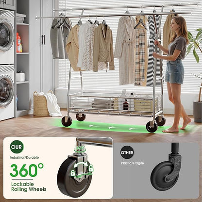 Raybee Heavy Duty Clothes Rack 630LBS, Double Rods Clothing Rack with Storage Basket, Portable Garment Rack for Heavy Clothes, Extendable & Adjustable, Bedroom, Closet, Commercial