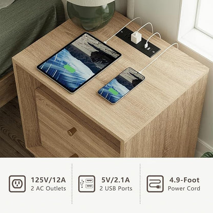 FORTUNETEC Nightstand with Charging Station, Mid Century Modern Nightstand with Wood Grain Texture, Boho End Table with Drawers Storage, Bedside Table for Bedroom Living Room Office, White Oak
