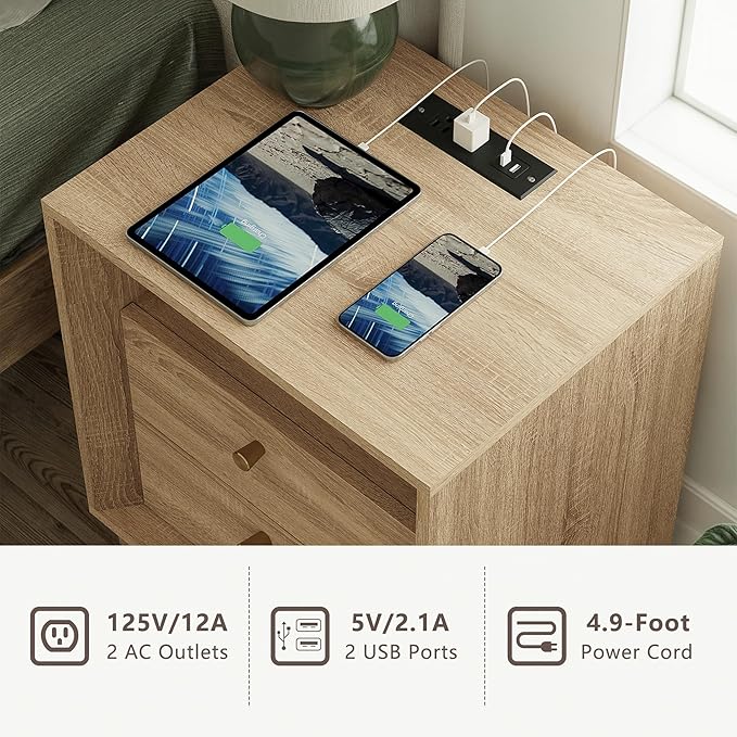FORTUNETEC Nightstand Set of 2 with Charging Station, Mid Century Modern Nightstand with Wood Grain Texture, Boho End Table with Drawers Storage, Bedside Table for Bedroom Living Room, White Oak