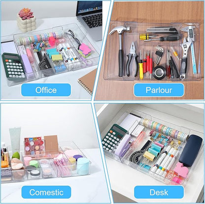 Oqqlin Expandable Acrylic Drawer Organizer, Clear Desk Drawer Organizers Tray with 8 Adjustable Compartments Multifunctional Desk Accessories for Vanity, Office, Kitchen, Bathroom