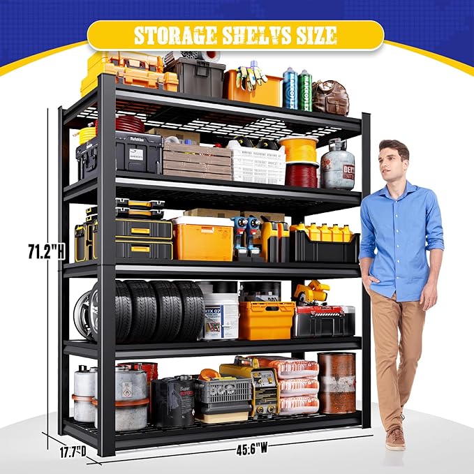 71" H Garage Shelving Heavy Duty Storage Shelves, 5-Tier Adjustable Metal Shelving Unit, Utility Garage Organizer Shelf for Basement, Pantry, Kitchen, Warehouse,17.7" D x 45.6" W x 71.2" H