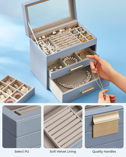 SONGMICS Jewelry Box Organizer with Glass Lid, 4-Layer Jewelry Storage, with 3 Drawers, Modern Style, 6 x 9.9 x 8.5 Inches, Smoky Blue and Gold Color UJBC161Q01