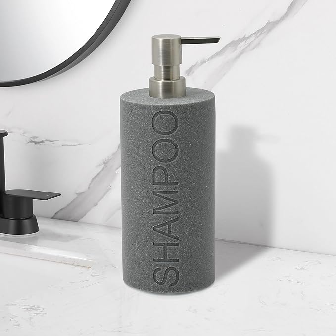 Indecor Home Resin Neutral Gray Sandstone Shampoo Engraved Bottle Refillable Pump Dispenser, Durable Waterproof Resin Construction for Bath, Shower - Gray Sandstone Satin Nickel Pump