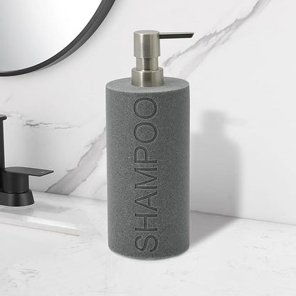 Indecor Home Resin Neutral Gray Sandstone Shampoo Engraved Bottle Refillable Pump Dispenser, Durable Waterproof Resin Construction for Bath, Shower - Gray Sandstone Satin Nickel Pump