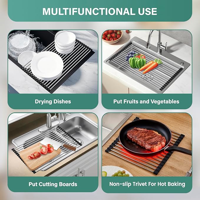 Hobychild Extra Large Expandable Roll Up Dish Drying Rack, 22.8 x 17.3 in with Expandable Storage Basket Over The Sink Rolling Dish Drainer, Foldable Sink Dish Drainer for Kitchen Counter,Black