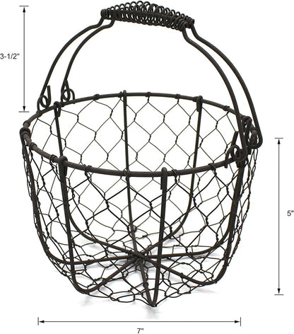CVHOMEDECO. Round Chicken Wire Egg Basket Fruit Basket with Swing Handles Primitives Vintage Gathering Basket. Rusty
