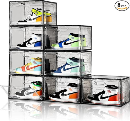 Amllas New Gray 8 Pack Shoe Boxes Stackable, Large Shoe Storage Organizer with Lids,Drop Side Shoe Containers for Entryway,Sneaker Storage Fit up to US Size 13 for Men/Women(13’’x 10.6”x 8.3”)