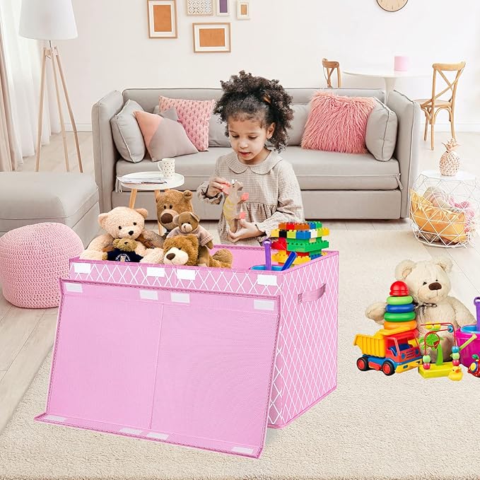 VERONLY Toy Box Chest Organizer Bins for Girls Boys, Kids Large Fabric Collapsible Storage Basket Container with Flip-Top Lid & Handles for Clothes,Blanket,Nursery,Playroom,Bedroom (Pink)