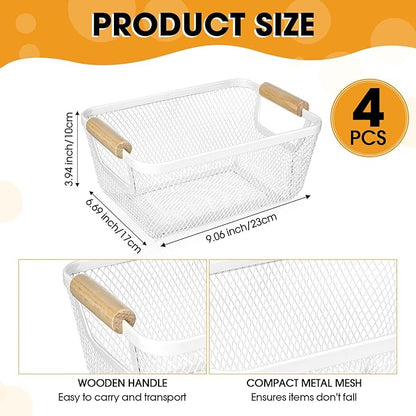 4 Pcs Metal Wire Basket with Wooden Handles Mesh Steel Storage Organizer Bin Containers for Home Organizing Cabinet Pantry Closet Kitchen Fridge Fruit Makeup Snacks Gifts(Small,Cream White)