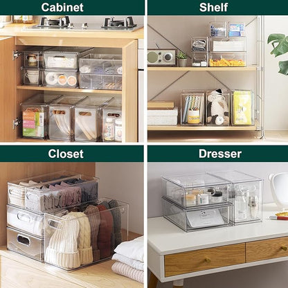 LALASTAR Fridge Drawers, 3-Pack Clear Stackable Pull Out Refrigerator Organizer Bins, Food Storage Containers for Kitchen, Freezer, Vanity & Fridge Organization and Storage (2 Small+1 Medium)