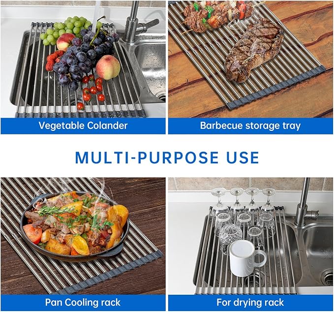 AXIMIXAME Expandable Large Draining Rack, Roll Up Heat-Resistant Dish Drainer for Stainless Steel Sinks, Collapsible Over The Sink Rack Non-Slip Silicone Rolling Up Rack 18 Tube