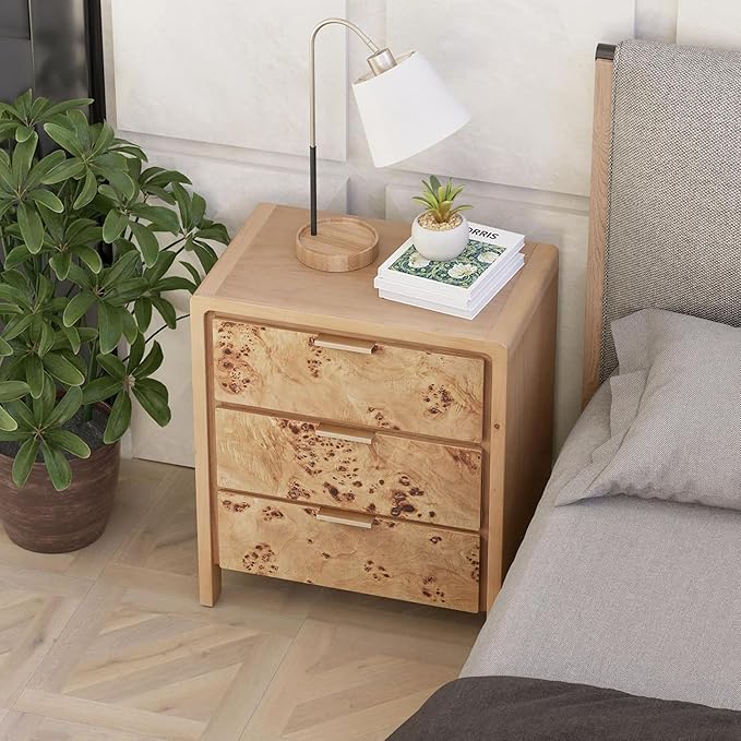 Burl Finish 3 Drawer Nightstand, Wood Rustic Farmhouse Dresser, Vintage Accent Storage Bedside Table for Bedroom Entryway, Fully Assembled, Natural