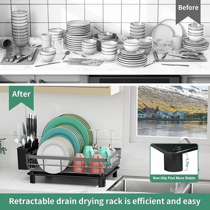 MOUKABAL Dish Drying Rack, Dish Rack, Large Dish Racks for Kitchen Counter, Drying Rack Kitchen with Removable Utensil Holder, Drainboard (Grey/Gray)