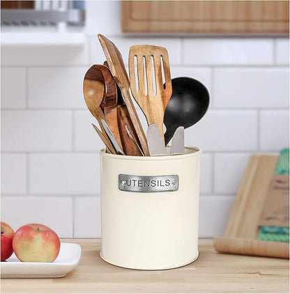 Alpha Living Home Utensil Caddy – Galvanized Metal Flatware & Silverware Organizer with Paper Plate Holder, Portable Picnic & Party Caddy for Indoor & Outdoor Use, Off-White