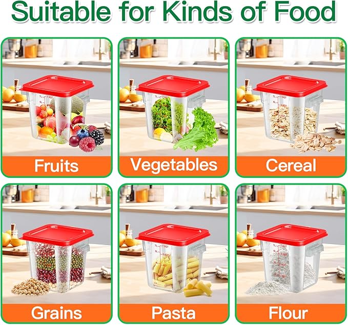 FeyBuosk 4 pcs 8qt Food Storage Containers with Lid, Square Clear Commercial Food Storage Containers with Handle and Scale for Food Storage in Home Kitchen & Dining (Red)
