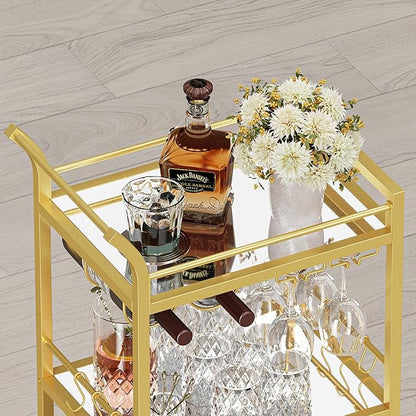 TUTOTAK Bar Cart, Home Bar Serving Cart with 3-Tier Mirrored Shelf, Wine Cart, Mobile Kitchen Shelf, Gold BC01BB034