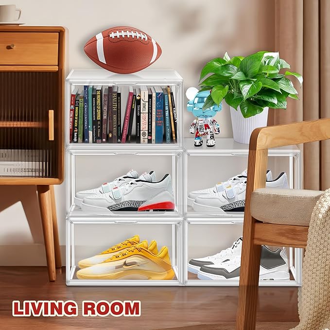 EZJOB 1 Pack Clear Shoe Storage Organizer for Closet Size 12 Shoe Box Stackable Shoes Rack Handbag Organizer Plastic Sneaker Storage Bin with Magnetic lids