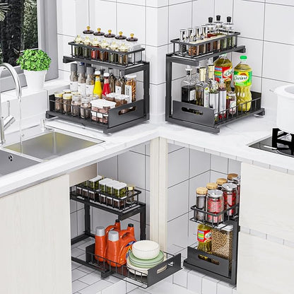 Under Sink Organizer, Heavy Duty Metal Pull Out Cabinet Organizer Slide Out Sink Shelf Organizer Height Adjustable, Multi-Purpose Storage Shelf for Kitchen Bathroom(Black,2Pack)