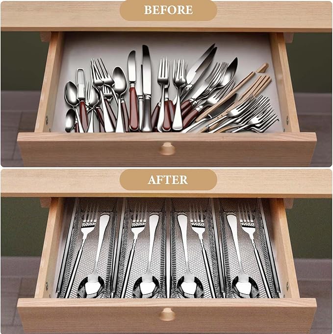 6 Pcs Mesh Silverware Drawer Organizer, Metal Drawer Organizer for Kitchen, Small Utensil Drawers Organizers with Interlocking Arm for Flatware, Knives, Spoons,Cosmetic (Silver 9 * 3 * 2 inch)