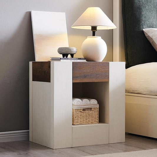 OKD Modern Nightstand with Charging Station, 24" Large Bedside Table, Rustic End Table with Drawers & Open Shelf for Bedroom/Living Room, Night Stand Wood Thick Design,Antique White