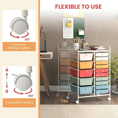 GOFLAME 15-Drawer Rolling Storage Cart, Craft Storage Cart with Removable Drawers & Lockable Wheels, Art Cart Supply Storage Organizer for Home Office Classroom, Macaron Color
