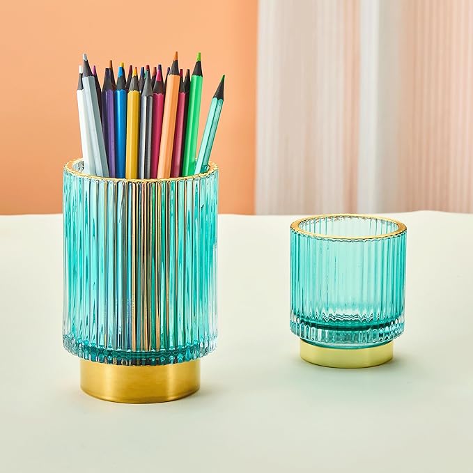 LEICURACE Makeup Brush Holder Organizer,Toothbrush Holders,Desk Pen Pencil Holder,Multifunctional Vintage Glass Brush Cup(A3-17-US)
